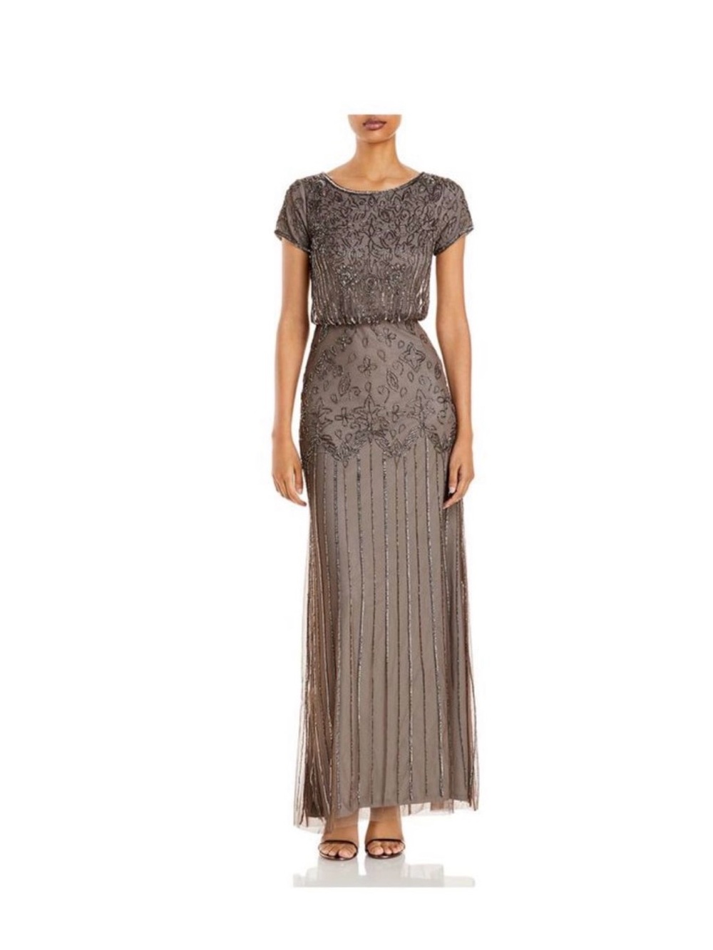 Adrianna Papell Taupe Beaded Short-Sleeve Maxi Dress